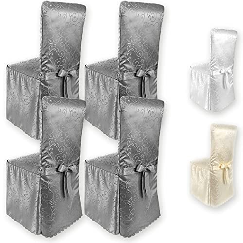 Gräfenstayn® 4er-Set Stuhlhusse Sofia mit Schleife, im Jacquard Muster runde und eckige Stuhllehnen Universal-Passform (Anthrazit)