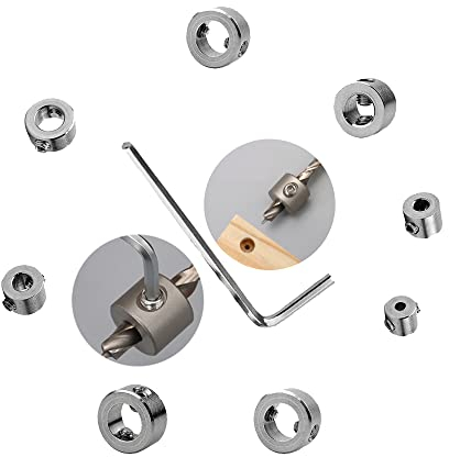 DXIA 8 PCS Drill Bit Depth Stop Collar Set, 3-10mm Drill Bit Depth Stop Collar Ring with Hex Wrench, Positioner Spacing Ring, Positioner Locator Durable Woodworking Drill Bit for Woodworking