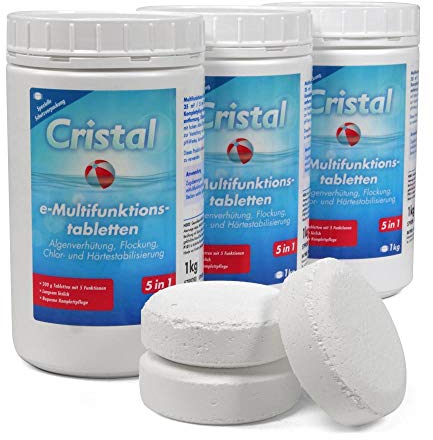 Cristal Multitabs E-Chlor 200g - 3 kg Poolpflege-Set - 5 in 1 Langzeit-Chlortabletten für sauberes und kristallklares Wasser - Für Pools ab 25m³