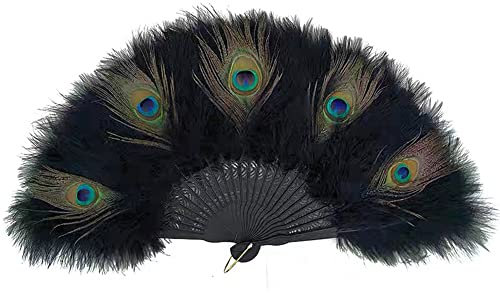 1920s Marabou Feather Fan - Flapper Folding Handheld Wedding Party Dance Fan (Black-Peacock)
