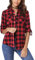 Irevial Damen Kariertes Bluse Casual Karohemd Button-down Langarmshirt Boyfriend-Stil Baumwolle Hemdbluse Plaid Shirt für Frühling und Herbst Rot S