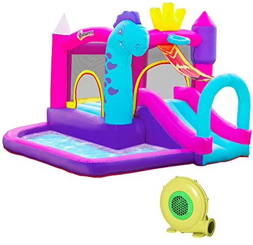 Outsunny Château Gonflable avec Toboggan, Trampoline, Aire de Jeux Piscine et Panier Jusqu'à 3 Enfants +3 Ans gonfleur et Sac de Transport Souffleur 350W Inclus dim. 300L x 270l x 200H cm Multicolore