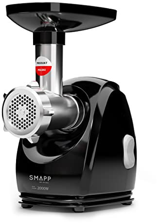 SMAPP 489.8 Elektrische Fleischwolf – 2000W, SCHWARZ, 3 Edelstahl-Lochscheiben (2,7mm, 4mm, 8mm), Wurstaufsatz, kompakt & leise, Anti-Rutsch-Füße