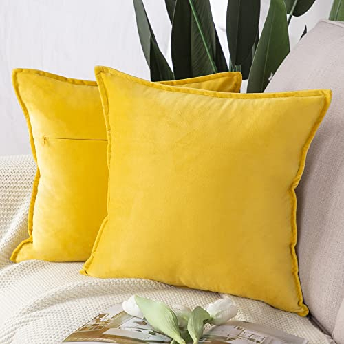 Madizz 2er Set Samt Dekorativ Zierkissenbezüge Luxus Stil Kissenbezug für Sofa für Schlafzimmer Zitronengelb 50x50 cm Quadrat