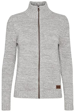 OXMO OXPhenix Damen Strickjacke Grobstrick Cardigan Strickcardigan mit Stehkragen Reißverschluss 100% Baumwolle Regular fit, Größe:L, Farbe:LIG Grey M (798242)