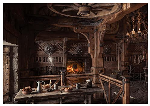 wandmotiv24 Fototapete Mittelalter Fantasy Kamin Raum, XXL 400 x 280 cm - 8 Teile, Wanddeko, Wandbild, Wandtapete, Wikinger Tisch Kerze Gasthaus M6889
