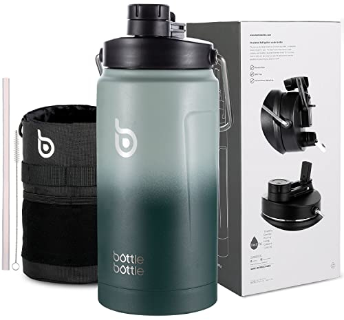 BOTTLE BOTTLE Insulated Water Bottle 64 oz with Straw and Dual-use Lid Half Gallon Water Jug Vacuum Stainless Steel for Workout and Sports Insulated Beer Growler with Handle Green Gradient