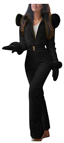 Damen Jumpsuit Winter Elegant Schneeoverall Skianzug Warme Snowboard Mantel Hoodie Outdoor Sports Bodysuit Reißverschluss Sportoverall Schneeanzug (M, Schwarz)