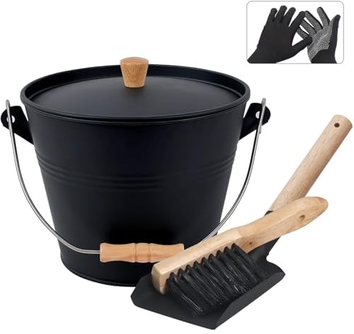 BRIAN & DANY Ascheeimer mit Deckel, Runder Kohleeimer für Kamine, 5L Eimer mit Schaufel und Handbesen, Werkzeugset Zubehör für Kamin, Feuerstelle, Holzofen