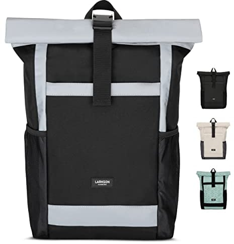 LARKSON Rolltop Rucksack Damen Groß Schwarz Reflektierend - No 2 - Daypack für Schule, Uni, Fahrrad - 16 Zoll Laptop Fach für Arbeit - Nachhaltig - Anti-Diebstahl - Wasserabweisend