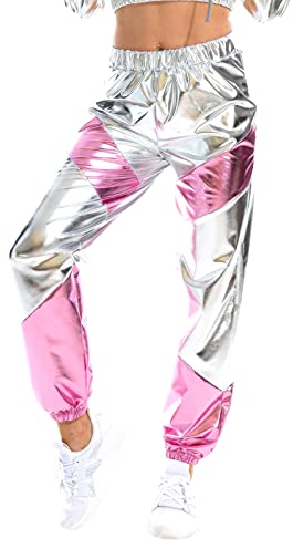Damen Metallic Glänzed Hose Elastischer Sporthose Locker Holographische Sweathose Jogginghose Hologram Laser Baggyhose Disco Clubwear Hip Hop Punk Hosen Jogger Sweatpants Streetwear Silber + Rosa S
