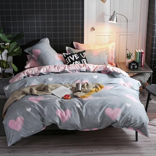 Freyamy Bettwäsche 220x240cm 3teilig Grau Rosa Herz Bettwaren-Sets Gebürstet Microfaser Weiche Wendebettwäsche Romantisch Doppelbett Bettbezug mit Reißverschluss und 2 Kissenbezug 80x80cm