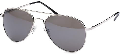 styleBREAKER Unisex Pilotenbrille Sonnenbrille Polycarbonat Gläser, Metall Vollrand Gestell mit Federscharnier 09020037, Farbe:Gestell Silber/Glas Grau getönt