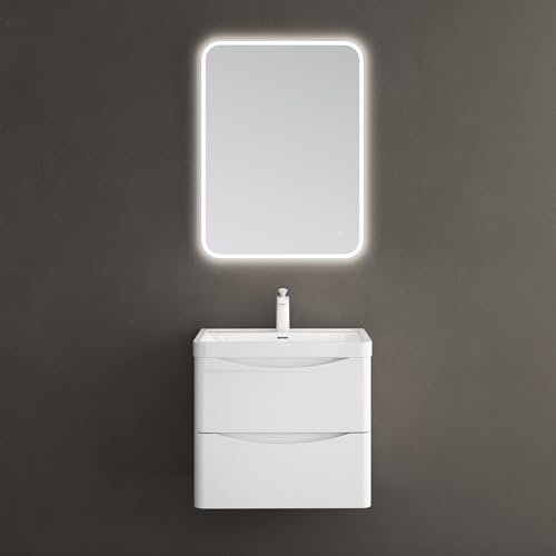 doporro Waschbeckenunterschrank Waschtisch mit Unterschrank Wandmontage Smile in glänzend weiß, BTH: 60x42x50 cm, inkl. Mineralguss-Waschbecken und LED-Spiegel