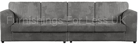 New Luxor Grey Fabric 4 Seater Long Sofa | Fullback Jumbo Cord Settee Large Couch For Living Room (Full Back Cushions, Grey)