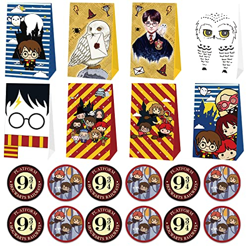 Geschenktüten Set, 24PCS Papiertüten Kinder, Magischer Zauberer Party-Geschenktüten mit 24 Aufkleber, Geschenktüte Geburtstag, Wizard Party Favor Taschen für Hochzeit, Party
