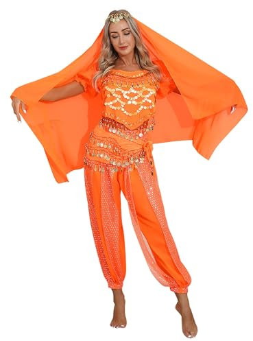Yeahdor Damen Bauchtanz Kostüm Set Pailletten Bauchtanz Oberteil mit Mützen + Haremshose + Hüftschal + Schleier Karneval Fasching Cosplay Party Verkleidung A Orange Einheitsgröße