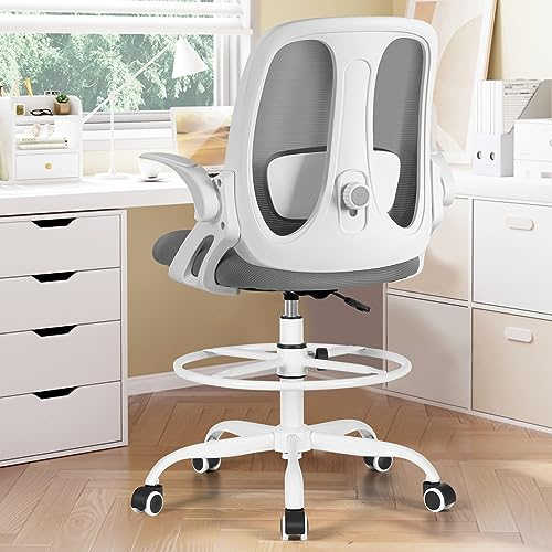 Razzor Bürostuhl, Schreibtischstuhl Ergonomisch mit Hochklappbaren Armlehnen und Verstellbarer Lendenwirbelstütze, 360° Drehstuhl mit Fußstütze, Hoher Arbeitsstuhl aus Netz für Executive-Arbeit