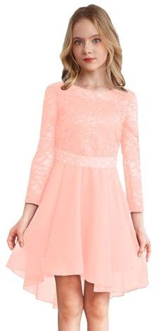 IEFIEL Robe Cocktail Princesse Fille Enfant Robe Mariage Dmoiselles d'honneur Manche Longue Strass Dentelle Trapèze Robes Soiree Bal Eté Rose 13-14 Ans