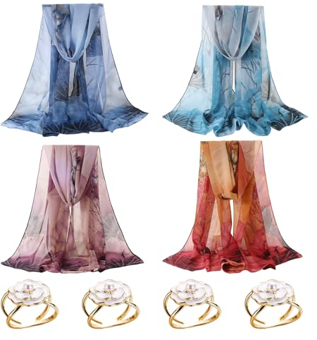 COACOM 4PCS Chiffon Schals, 4PCS Seidenschal Schnallen, Modischer Frauen Chiffon Schal, Weicher bedruckter Seidenschal, Eleganter Vintage Seidenschal, Leichter Halsschal