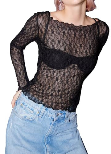 HAWILAND Women Y2K Mesh Sheer Long Sleeve Crop Tops See Through Slim Fit Ruched Blouse T Shirt Music Festival Clubwear #2 Black, M