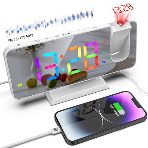 ThreeH Radiowecker mit Projektion Digital RGB Bunte Uhr für Schlafzimmer Dual Alarm USB Ladeanschluss Snooze Großer Spiegel Bildschirm Display Weiß