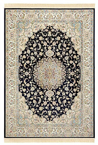 Teppich Boss - Orientalischer Samt-Teppich mit Fransen Antik Nain Dunkelblau Grün, Größe:195x300 cm