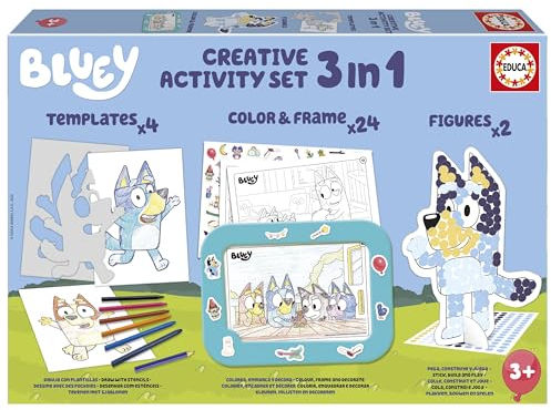 Educa - Bluey 3-in-1-Kreativset mit DREI Aktivitäten: Malen nach Zahlen, Erstellen von 2 3D-Figuren zum Dekorieren & Zeichnen von Charakteren aus der Bluey-Serie mithilfe von Vorlagen. Ab 3 Jahren