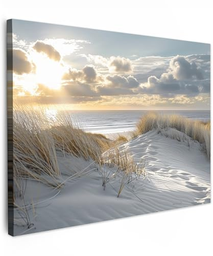 MuchoWow© Bild auf Leinwand Schlafzimmer Bilder Badezimmer Wand Deko | 80x60 cm - Wohnzimmer Modern Wanddeko Bilderwand Geschenk Sonnenuntergang - Dünen - Pflanzen - Natur - Strand