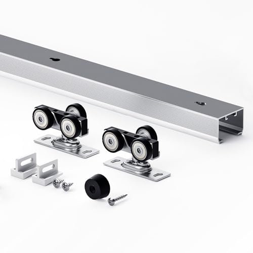 EaseLife Kit de quincaillerie pour porte coulissante de 2,1 m, rail en aluminium, de qualité commerciale, glisse facilement et silencieusement, facile à installer, sans porte (kit de rail de 213,4 cm