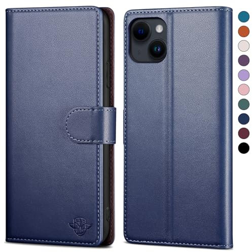 SkyDuck for iPhone 14 6.1 Phone case with [RFID Blocking][Credit Card Holder] with 1 Tempered Glass Screen Protector,PU Leather Flip Book Protective Cover Women Men for Apple 14 cases Dark Blue