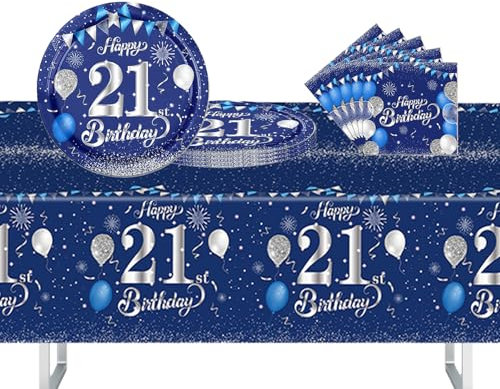 POPOYU 37Pcs Blue and Sliver 21st Birthday Tableware Set, Happy 21st Birthday Party Dinnerware, Paper Plates 9 Inch Napkins Table Cloth Banner for Boys,Girls,Men,Women,Her,Him Gifts Party Supplies