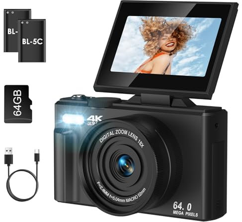 Digital Camera, LAMA 5K 75MP Autofocus Vlogging Camera with 64G SD Card, Compact Camera with 3.0 Inch 180° Flip Screen, 18X Digital Zoom Camera for Kids, Teenagers, Beginners, Adults Black