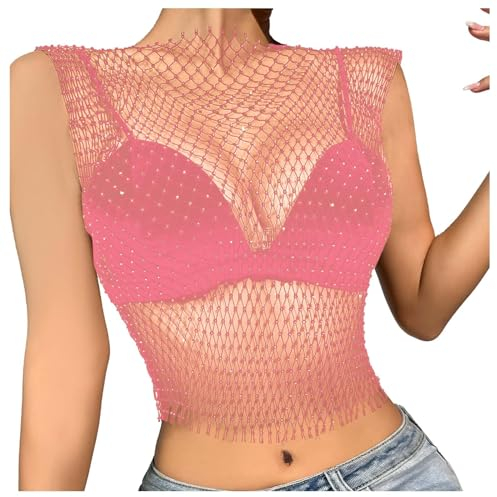 Sexy Strass-Mesh-Tanktops für Damen, durchsichtiges -Crop-Top Schal Mit Blumenmuster