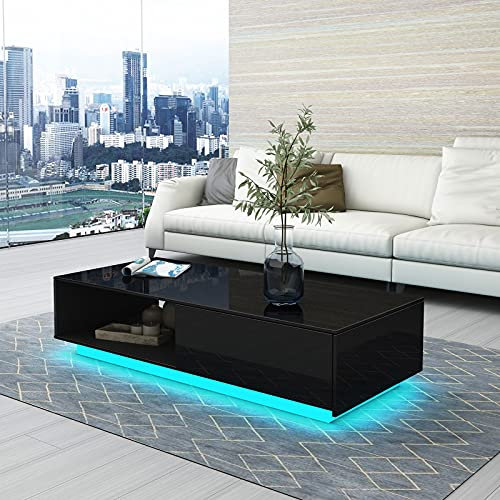 Black Coffee Table, All High Gloss Tea Table with 1 Drawer & Open Case, Wooden Centre Table with LED Light, for Living Room, Home Furniture 95x55x31cm