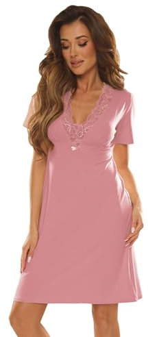 Selente Sweet Dreams Incantevole Camicia da Notte/negligé Corto con Pizzo, Maniche Corte, Rosa Antico, Taglia. M (44)