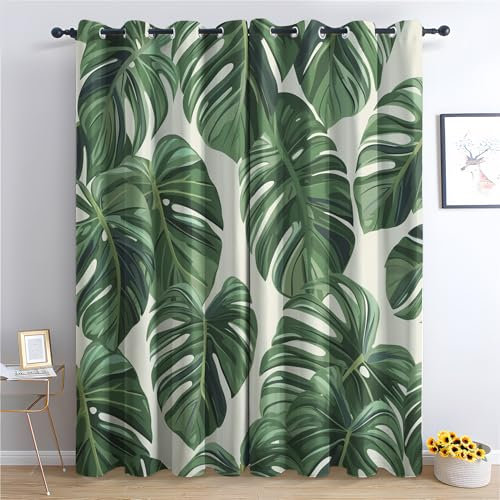 Palmblätter Vorhang, Monstera Gardinen mit Ösen 2er Set Verdunkelungsvorhang, Grüne Blätter Vorhänge, Wohnzimmer Schlafzimmer Kinderzimmer Blickdichte vorhänge, 150x166 cm j1&-156