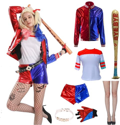 Yiomrmery Halloween Cosplay Kostüme für Erwachsene Kinder, Rot Blau Kostüm mit Handschuhe, Jacke, T-Shirt, Shorts für Halloween Weihnachten Karneval (Erwachsene, M)