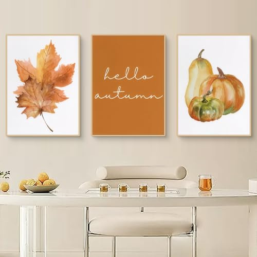 Viusneun Herbst Bilder 3er Poster Set, Premium Leinwandbilder Aesthetic Kürbis Wandbilder für Kinderzimmer Wohnzimmer Schlafzimmer Ohne Rahmen Wandposter (50 x 70 cm)