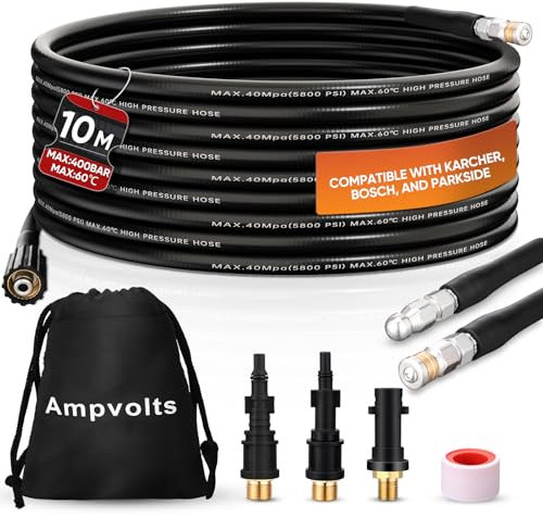 Ampvolts 10m sonda sturatubi per idropulitrice - 400 Bar/5800 PSI, Sonda Spurgatubi Compatibile con Karcher K2-K7, Lavor, Bosch Professional - Per una Pulizia Facile di Tubi e Lavandini Intasati
