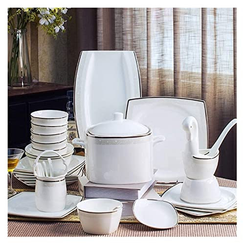 SnamicE Geschirrset Dinnerparty Geschirrservice-Set Keramik-Geschirrset mit 48 Teilen, Schüssel/Suppentopf/Schale/Löffel | Tafelservice aus Bone China, Kombi aus Platin-Porzellan,