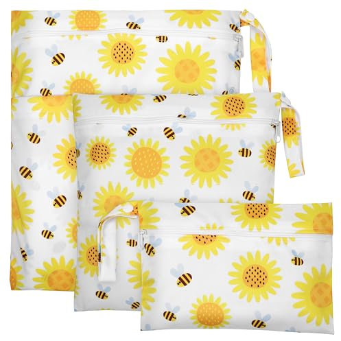 Zocipro 3 Stück Wetbag Stoffwindeln, Wetbag Kindergarten, Wet Bag Wiederverwendbare, Nasse und Trocken Wickeltaschen mit Reißverschluss für Kleinkind-Windeln, Reisen, Strand und Pool,Sonnenblume