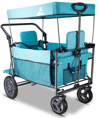 TOPWELL Folding Wagon, Portable Camping Cart, Collapsible Foldable Trolly with Quick-release Big Wheels, Collapsible Pull along Wagon 265LB, 2 Seats, Adjustable Handle (Turquoise)