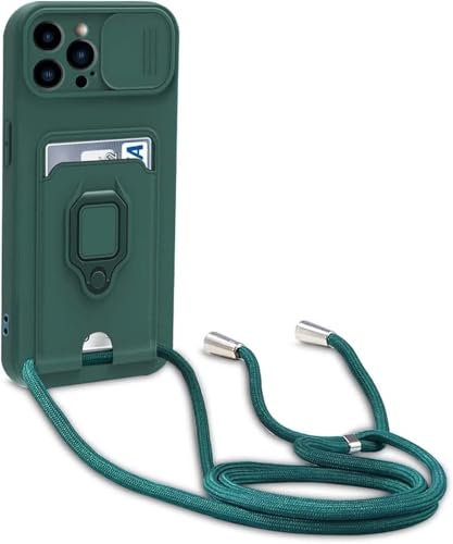 BGHHEU Handykette Schutzhülle kompatibel mit iPhone 16 Pro Max Handyhülle mit Band,Schiebe Kameraschutz,360 Grad Ringhalter Stand,Kartenfach,Verstellbarer Halskette Silikon hülle - Dunkel Grün