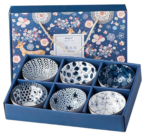 AmiCera Cereal Bowl, Blue and White Porcelain Salad Bowl with Gift Box, Ceramic Small Bowls 300ml(10 oz), Set of 6, Bowls for Soup, Snack, Rice, Dishwasher & Oven Safe, Microwavable