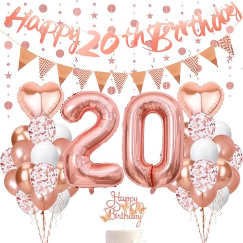 UDRKFOPK 20. Geburtstag Deko Frau Roségold, Luftballons, Happy Birthday Girlande, Ballon 20 Deko, Geburtstagsdeko 20 Jahre Frauen