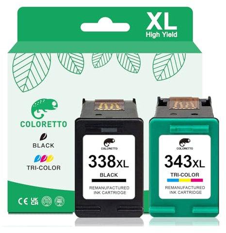 COLORETTO Ersatz-Tintenpatrone(1 Schwarz,1 Farbe) für HP 338 343 für Wiederaufbereitete Druckerpatronen zur Verwendung mit 5740 6210 6215 6540 6620 6840 100 150 1610 2355 2575 2610 2710 2713 4212