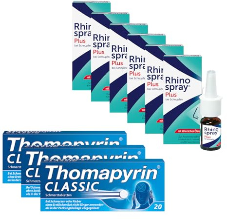 Thomapyrin CLASSIC bewährte 3-fach Kombination bei akuten Kopfschmerzen 3 x 20 Stk + Rhinospray PLUS Nasenspray bei Schnupfen mit Tramazolin & ätherischen Ölen 6 x 10 ml | Vorteils-Packung