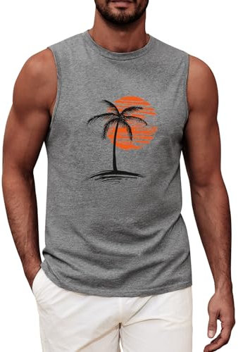 UMIPUBO Débardeur Homme Tee Shirt sans Manche Été Sport Col Rond Coton Imprimé Plantes Palmiers Plage Casual Gym Tops(Gris B,XL)