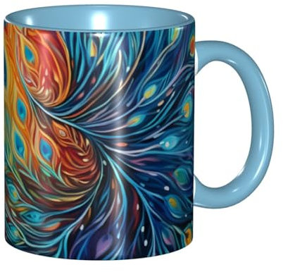 Farbiger Pfauen-Tasse, zweifarbige Keramiktasse, 330 ml, mikrowellengeeignet, perfekt für Zuhause, Büro oder Geschenk (9,5 cm breit)